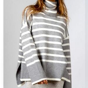 Silk and Salt Denise Gray and White Stripped Sweater Size Medium